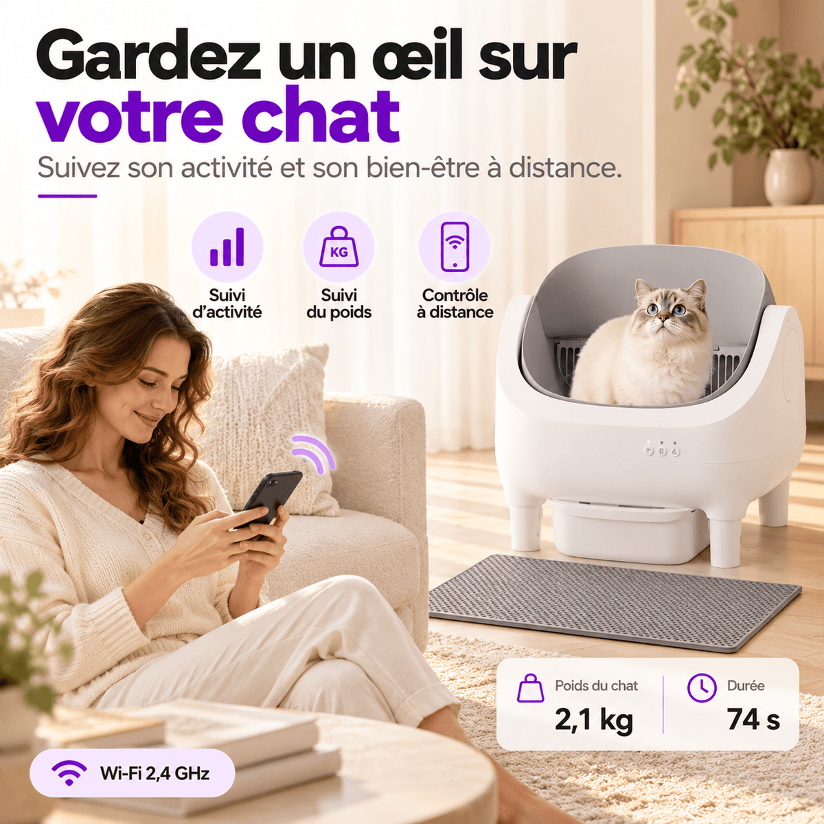 Bac à litière pour chat autonettoyant lavable Réglisse | Kokouning