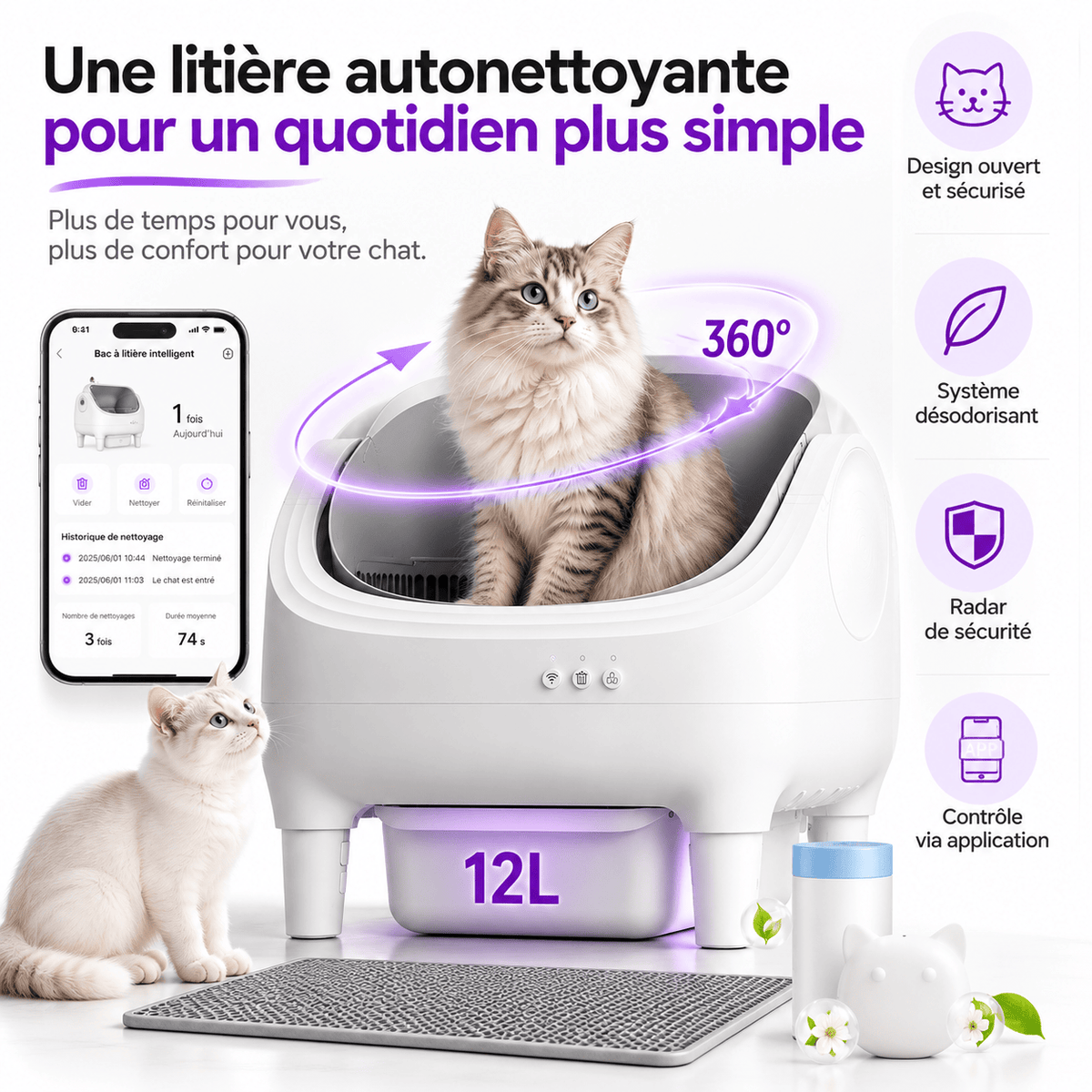 Bac à litière pour chat autonettoyant lavable Réglisse | Kokouning