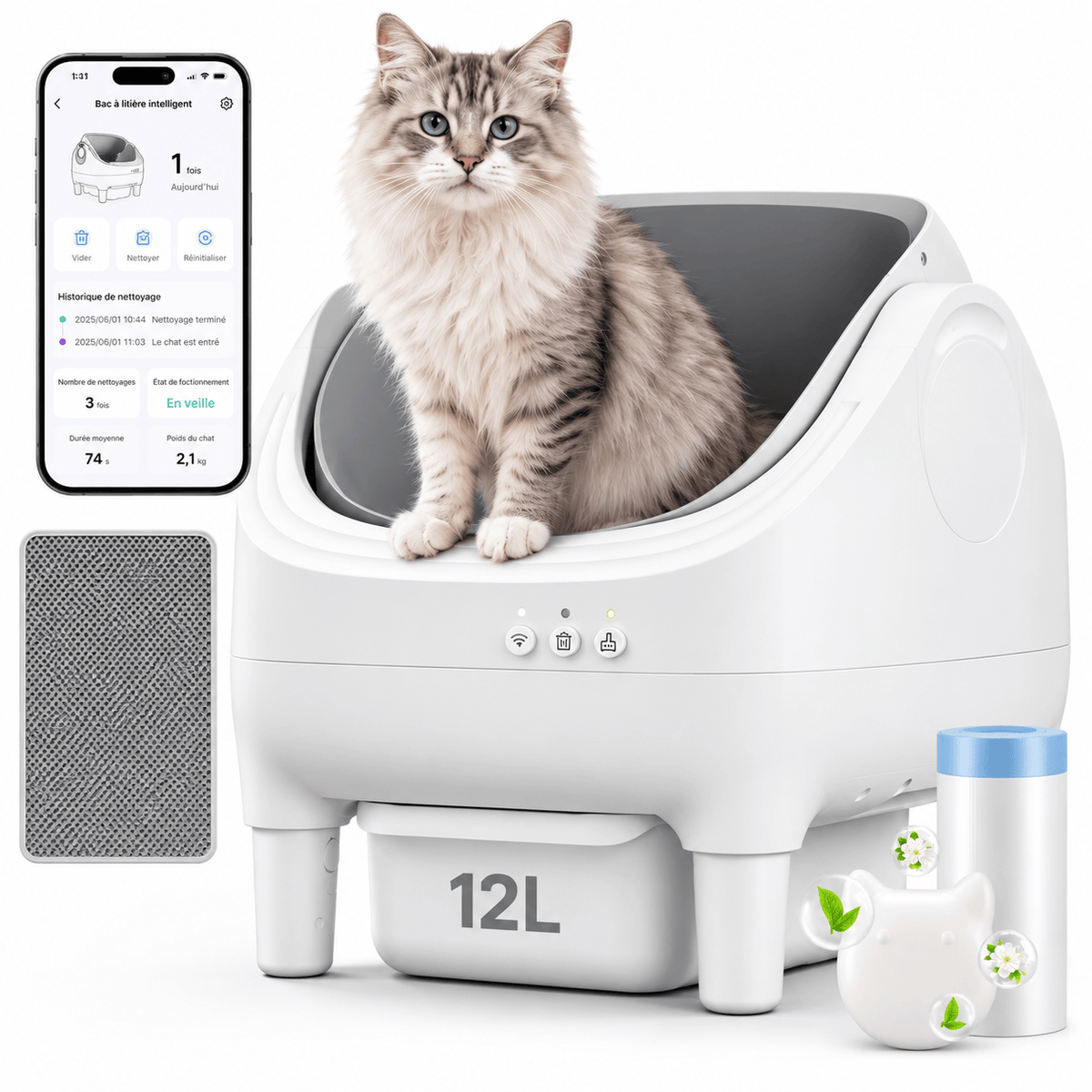 Bac à litière pour chat autonettoyant lavable Réglisse | Kokouning