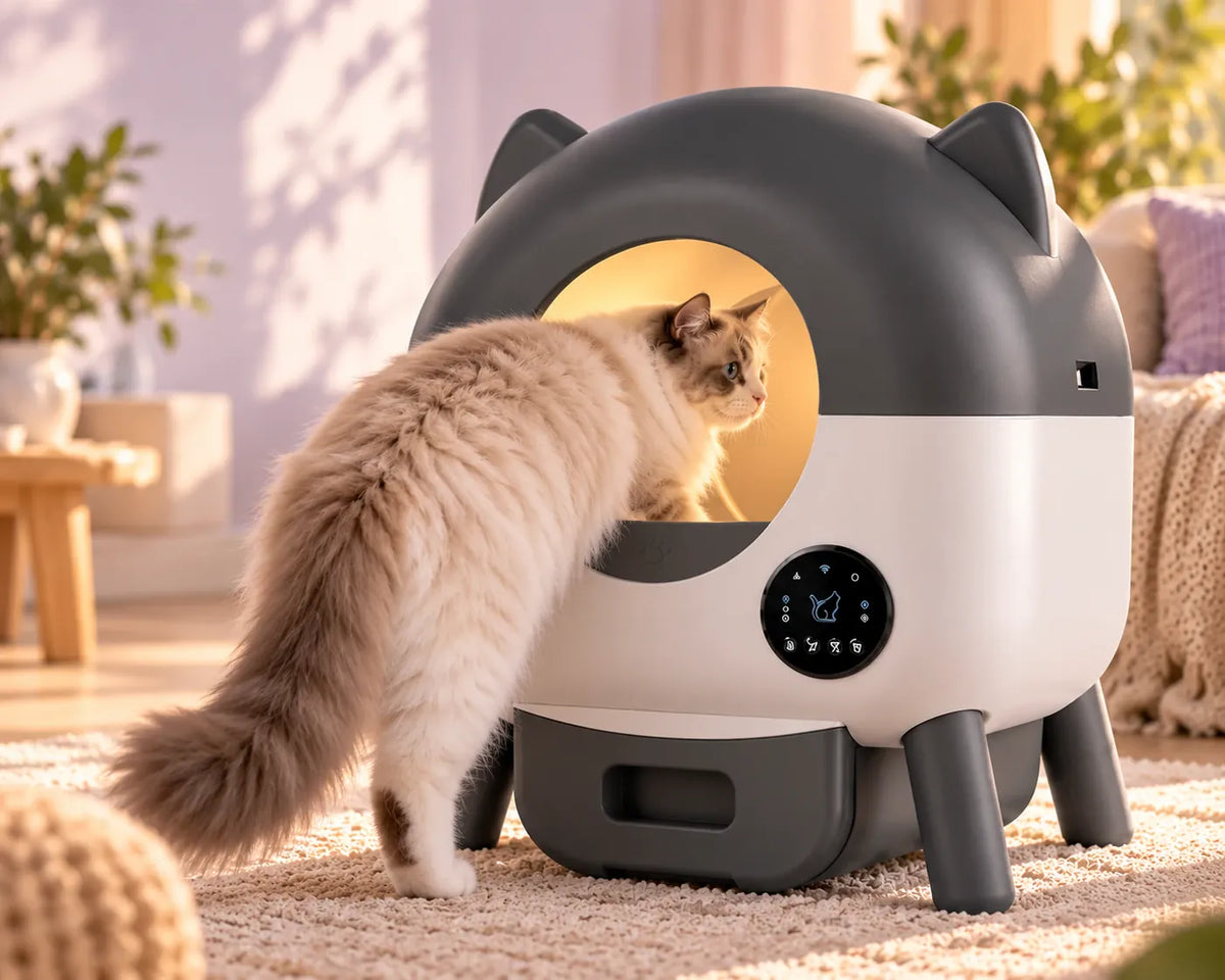 Un chat ragdoll entre dans sa litière automatique Kokouning : le nettoyage reste en pause.