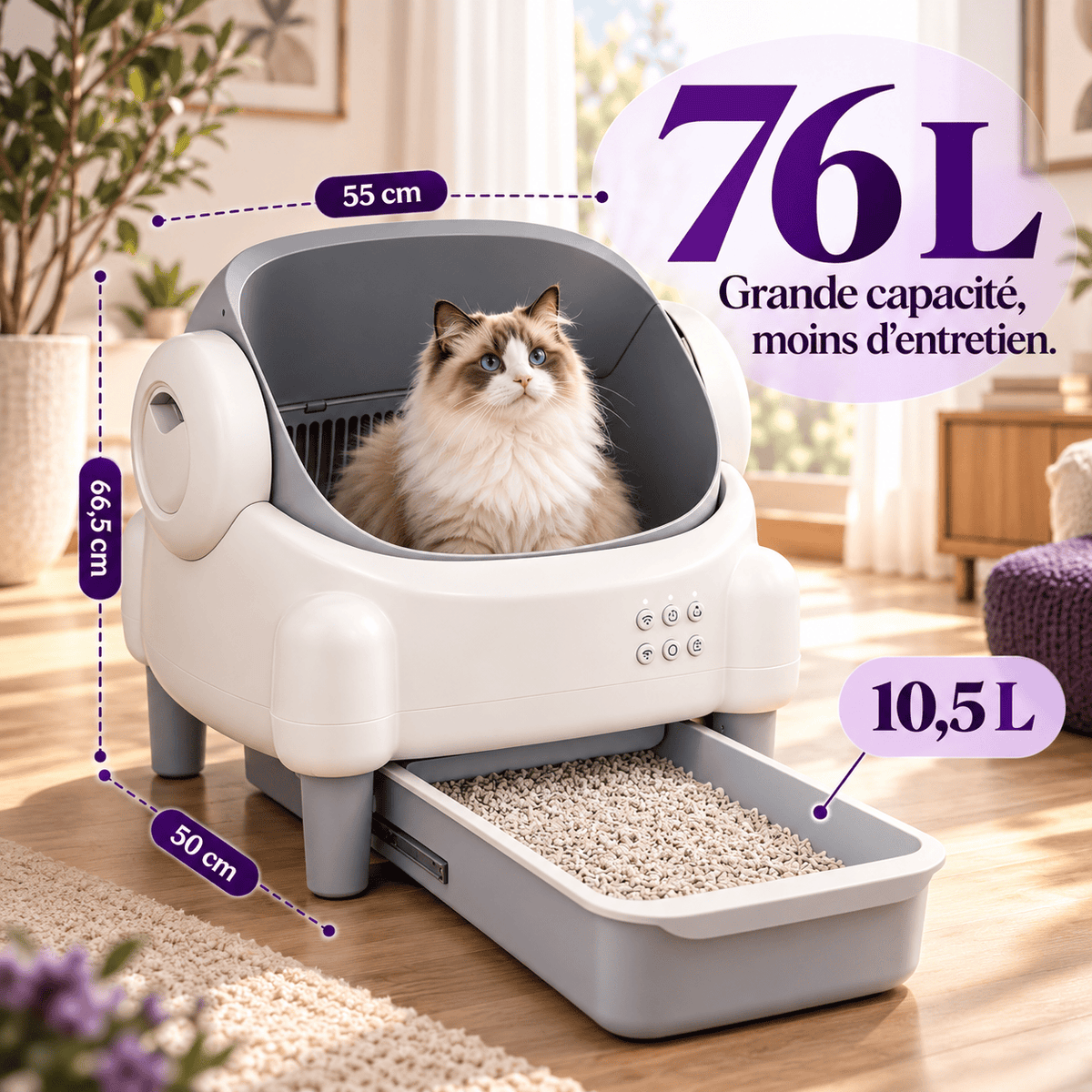 Litière automatique chat ouverte 76 L Biscotte | Kokouning