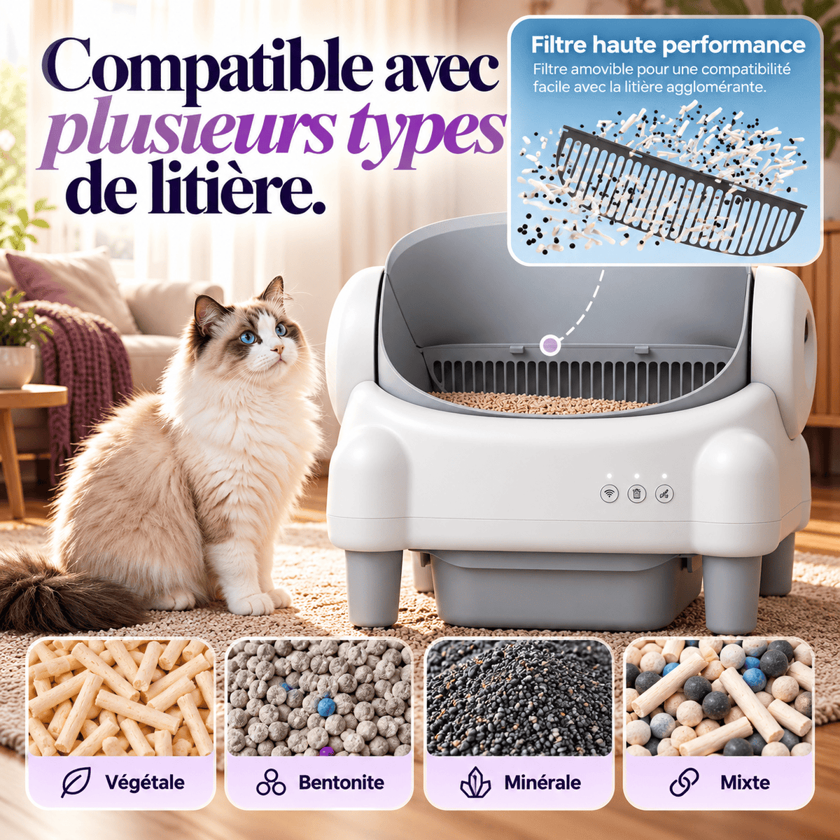 Litière automatique chat ouverte 76 L Biscotte | Kokouning