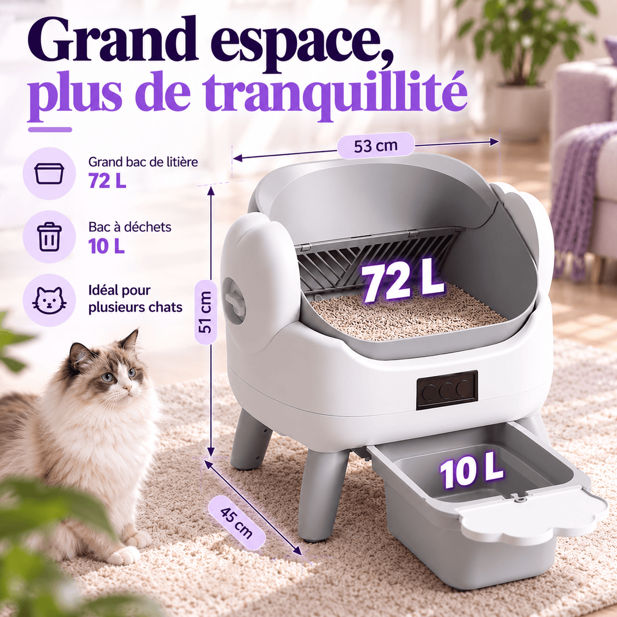 Litière automatique pour chat 72 L Chouquette | Kokouning