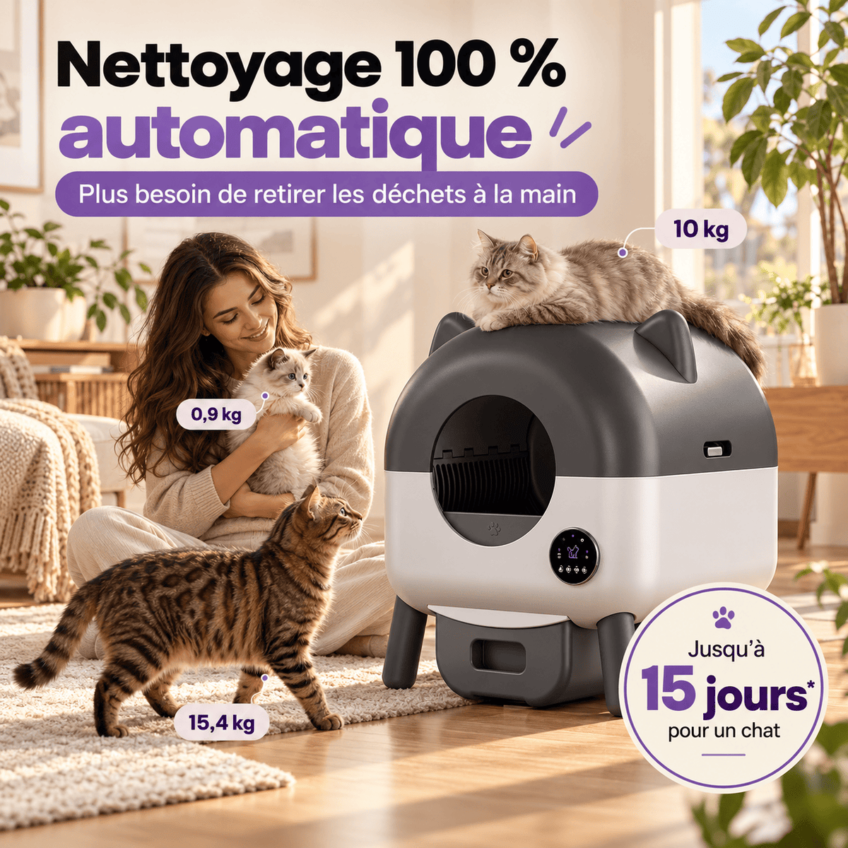 Litière pour chat autonettoyante 76 L Pompon | Kokouning