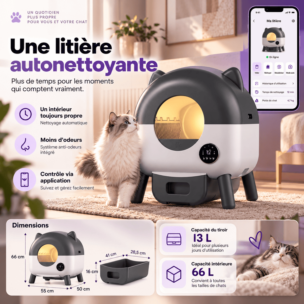 Litière pour chat autonettoyante 76 L Pompon | Kokouning