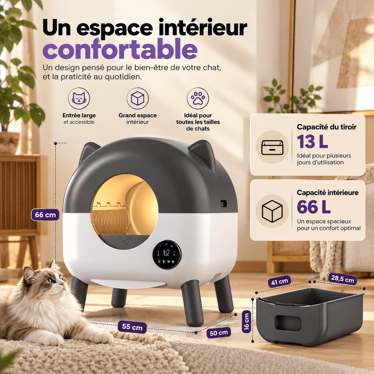 Litière pour chat autonettoyante 76 L Pompon | Kokouning